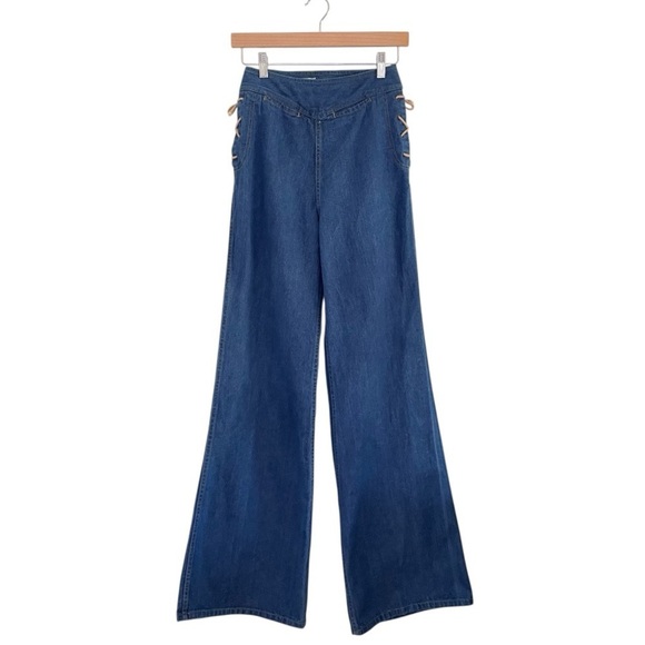 Vintage 70s Daddy’s Money Jeans Lace Up Side High Waist Wide Leg Flare Juniors 7 - Picture 2 of 10